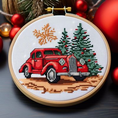 Red Car and Christmas Tree Stamped Cross Stitch Kits for Beginners Easy with Hoop 11CT Needlepoint Embroidery DIY Counted Cross Stitch Kits Art Craft Wall Decoration 40x40cm(1)