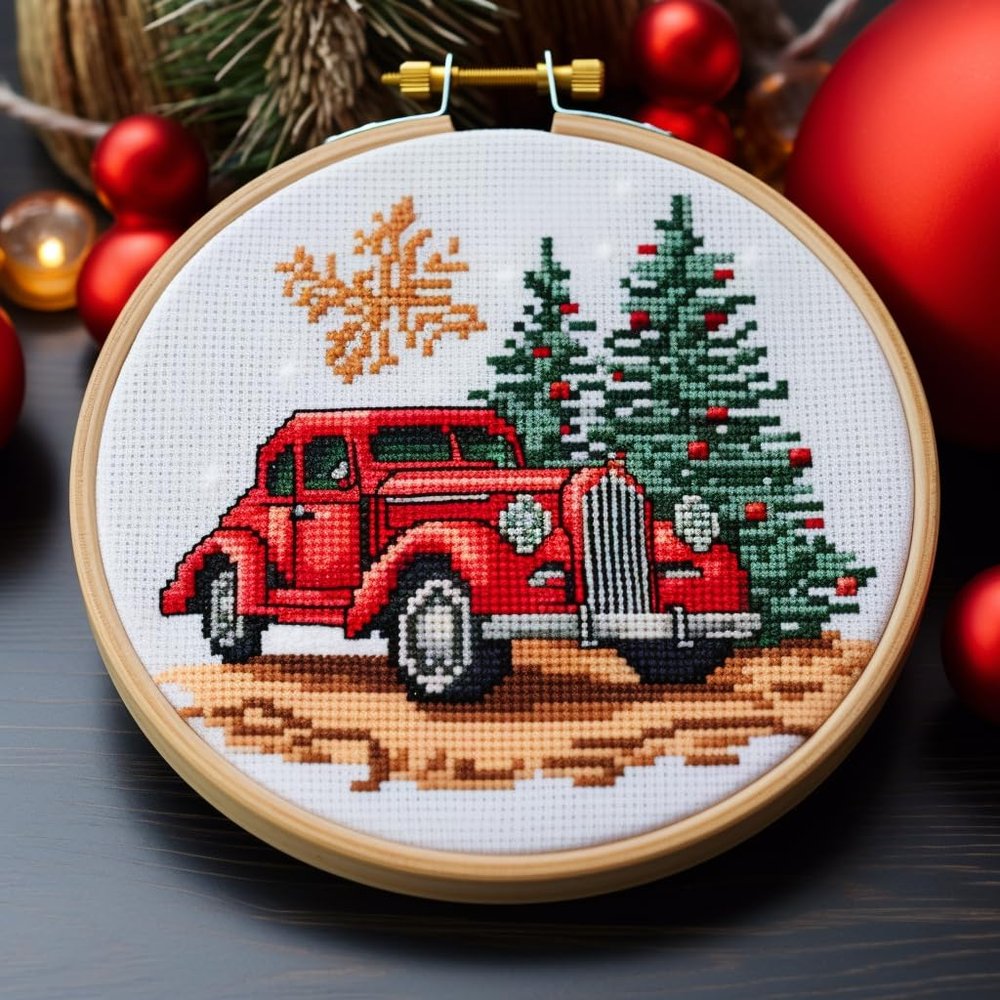 Red Car and Christmas Tree Stamped Cross Stitch Kits for Beginners Easy with Hoop 11CT Needlepoint Embroidery DIY Counted Cross Stitch Kits Art Craft Wall Decoration 40x40cm(1)