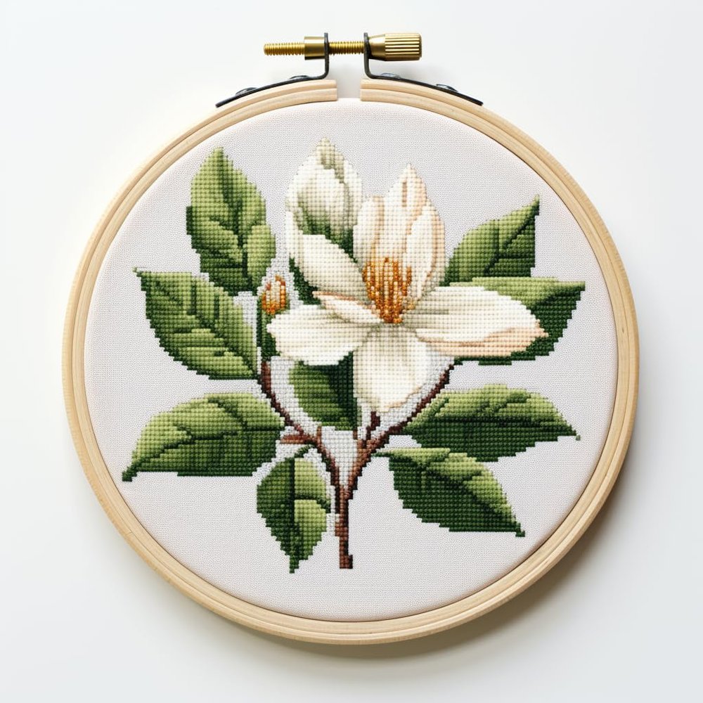 Magnolia Leaf Stamped Cross Stitch Kits for Beginners Easy with Hoop 11CT Needlepoint Embroidery Counted Cross Stitch Kits Art Craft Wall Decoration 35x35cm(2)
