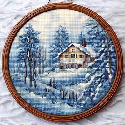 Winter Landscape House Stamped Cross Stitch Kits for Beginners Easy with Hoop 11CT Needlepoint Embroidery DIY Counted Cross Stitch Kits Art Craft Wall Decor 40x40cm(4)