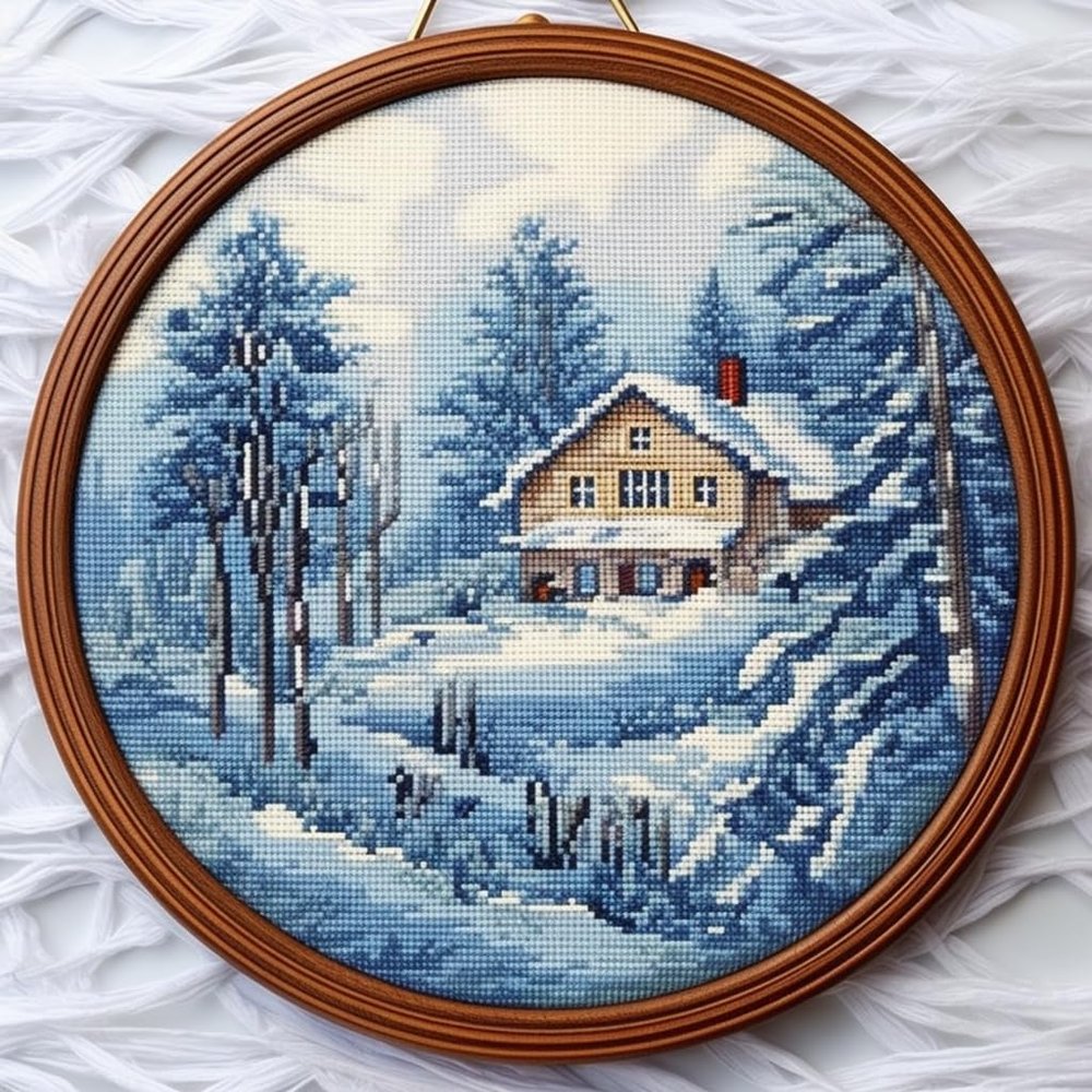 Winter Landscape House Stamped Cross Stitch Kits for Beginners Easy with Hoop 11CT Needlepoint Embroidery DIY Counted Cross Stitch Kits Art Craft Wall Decor 40x40cm(4)