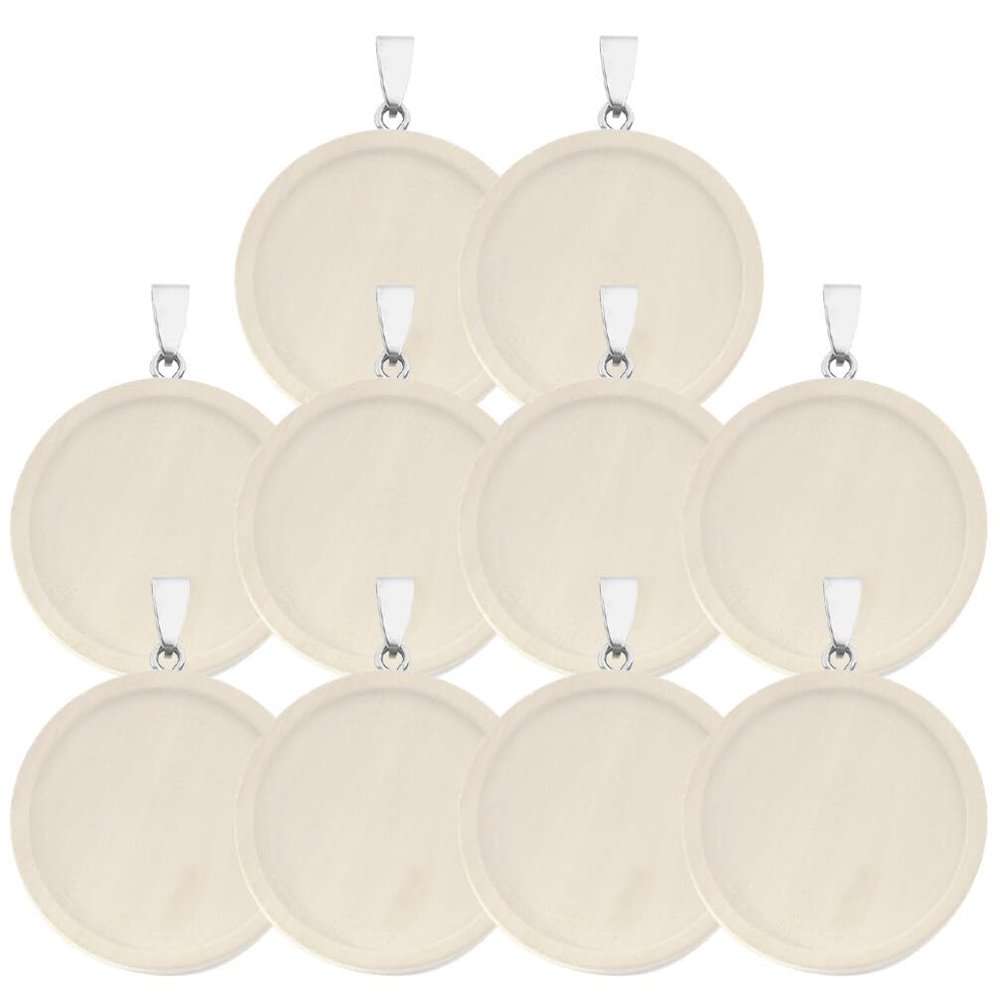 Tofficu 10pcs Round Wooden Pendant Wooden Serving Trays Wooden Tray Round Wooden Round Tray Round Wooden Trays Necklace Locket Jewlery Tray Bezel Pendant Trays Blanks Wooden Frame Jewelry, 3x3cm