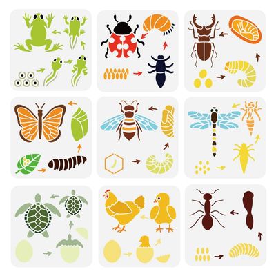 FINGERINSPIRE 9PCS Animal Growth Painting Stencil 7.8x7.8inch Animal Growth Cycle Stencil Frog Ladybug Stag Beetle Butterfly Bee Dragonfly Turtle Chicken Ant Pattern Template for Adults Decor
