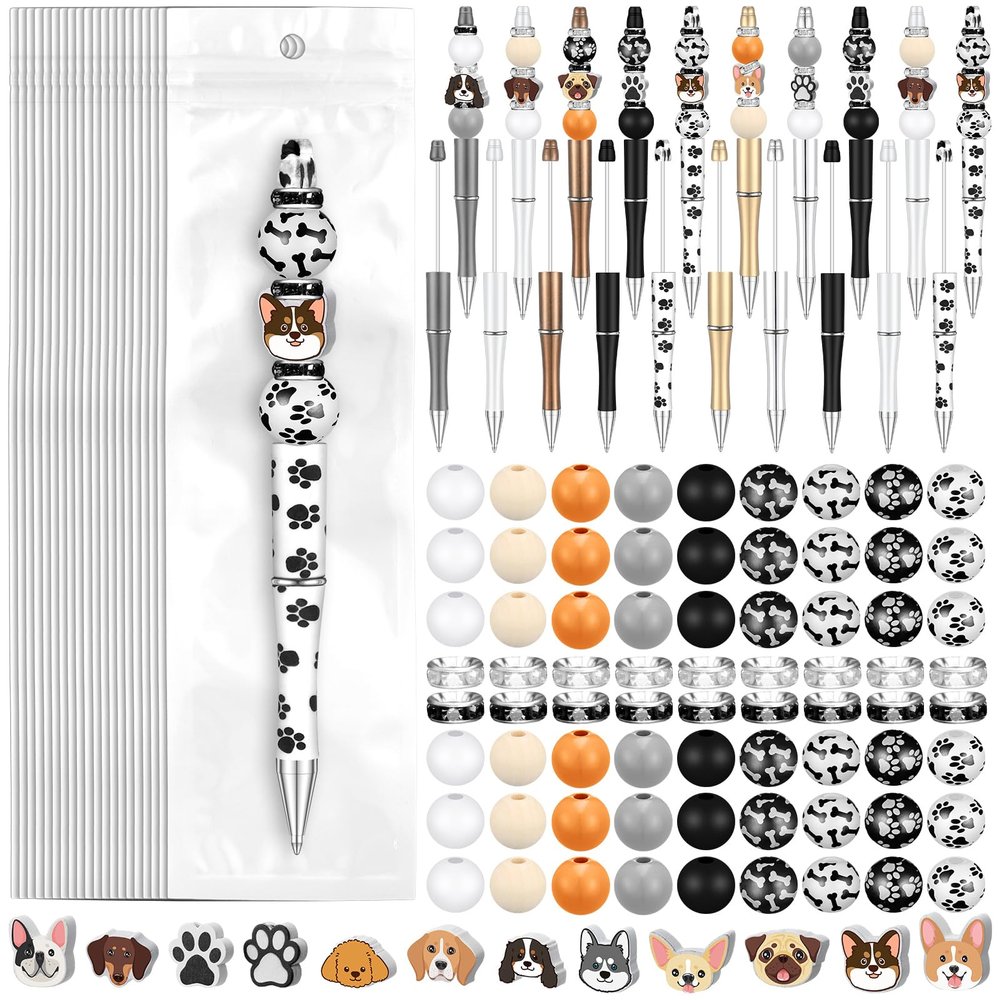 Colarr 197 Pcs DIY Pens Making Kit Include 24 Plastic Beadable Pens 48 Spacer Beads 24 Packaging Bags 101 Wood Beads for Office Supplies, Dog