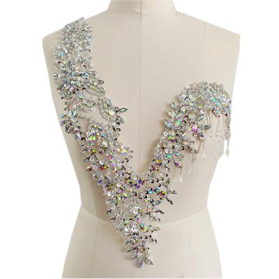Unique Design handsewing Beads Applique sew on Rhinestones Crystal Sequins Tassel Patches Trimming for One-Shoulder Dress Shining Decoration Accessories 20X9.4 inches (Clear AB)
