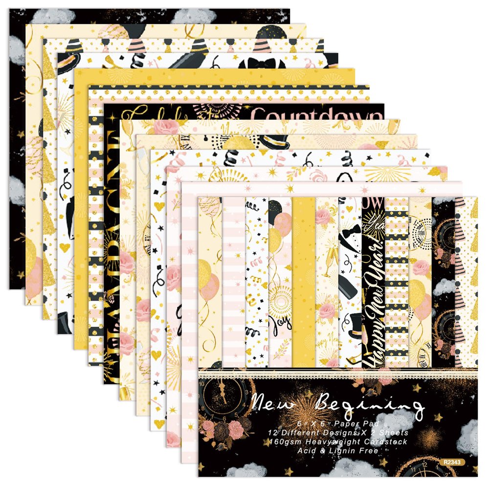 GLKTOPO 24 Sheets Festival Celebration Scrapbook Paper Black Gold Patterned 6 Inches Single-Sided Square Craft Paper Happy New Year Decor Origami Paper for Gift Card Making - 12 Design (Gold, M)