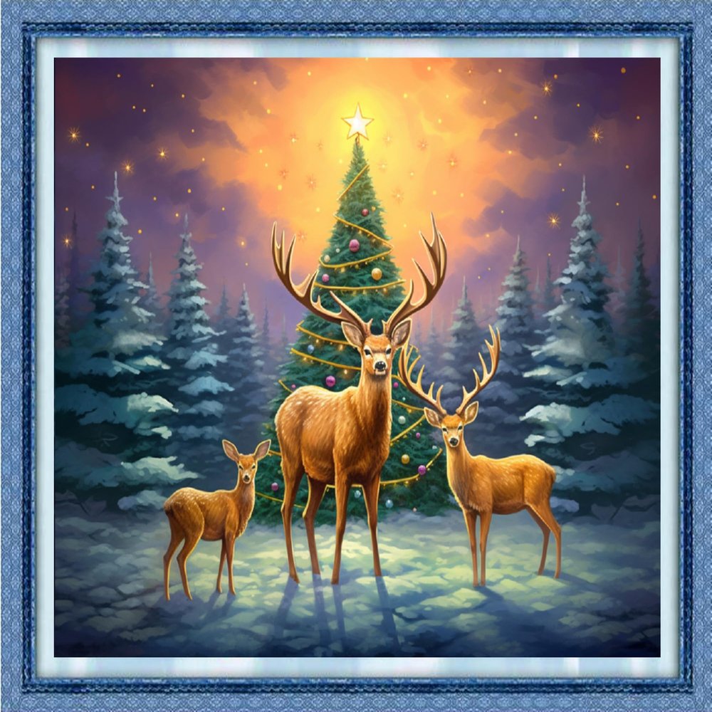 Dooxvey Cross Stitch Kit for Adults Beginners - Stamped Needlepoint Embroidery Pattern - Elk Christmas Tree 16x20 Inch - 11CT Full Range