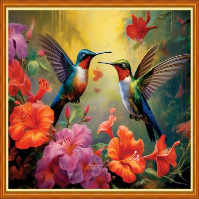 Dooxvey Cross Stitch Kit for Adults Beginners - Stamped Needlepoint Embroidery Pattern - Hummingbird Couple 18x18 Inch 11CT