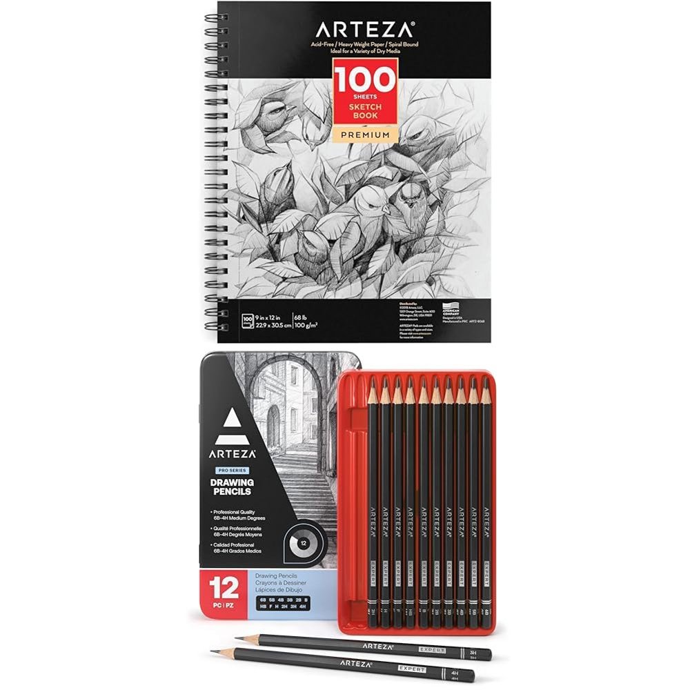 Arteza 9X12" Sketch Book, 100 Sheets (68 lb/100gsm) and Professional Drawing Sketch Pencils Set of 12 Medium (6B - 4H)