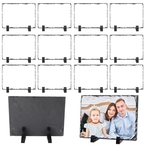 ORJ 14 PCS Sublimation Slate Blanks Custom Stone Slate Picture Frame Heat Transfer Rock Photo Plaque with Display Stand Decoration for Desktop Souvenir DIY Personalized Gift -Rectangle 5.5x 3.5 inches