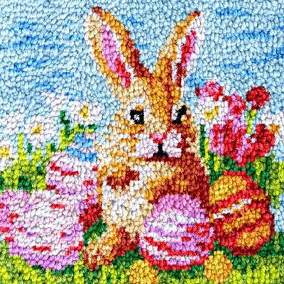 Square Latch Hook Kits Rug DIY Easter Bunny & Eggs Cushion Tapestry Making Crochet Hook Rug Making Kits Color Preprinted Pattern Canvas DIY Carpet Needlework Crochet Kits Home Decor 40x40cm