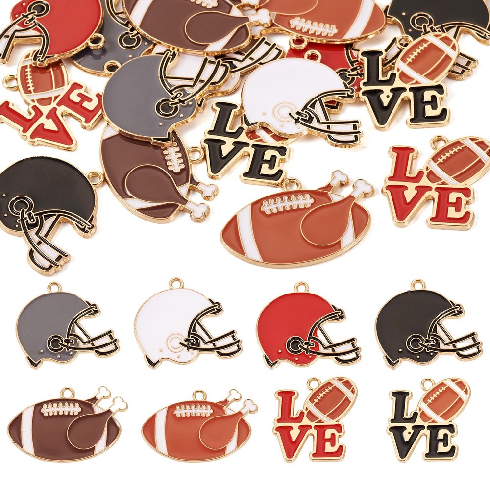 Bestewelry 16Pcs Alloy Enamel Sports Charms Pendants Golden Baseball Theme Charms Baseball Helmet Rugby Word LOVE Dangle Charms for DIY Necklace Bracelet Crafts Jewelry Making 8 Styles