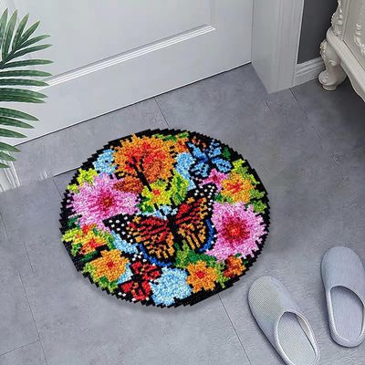 JILIP Colorful Butterfly Latch Hook Round Rug Kits, Round Needle Crochet Yarn Embroidery Carpet, Hook and Latch Kit Floor Mat, for Home Decoration