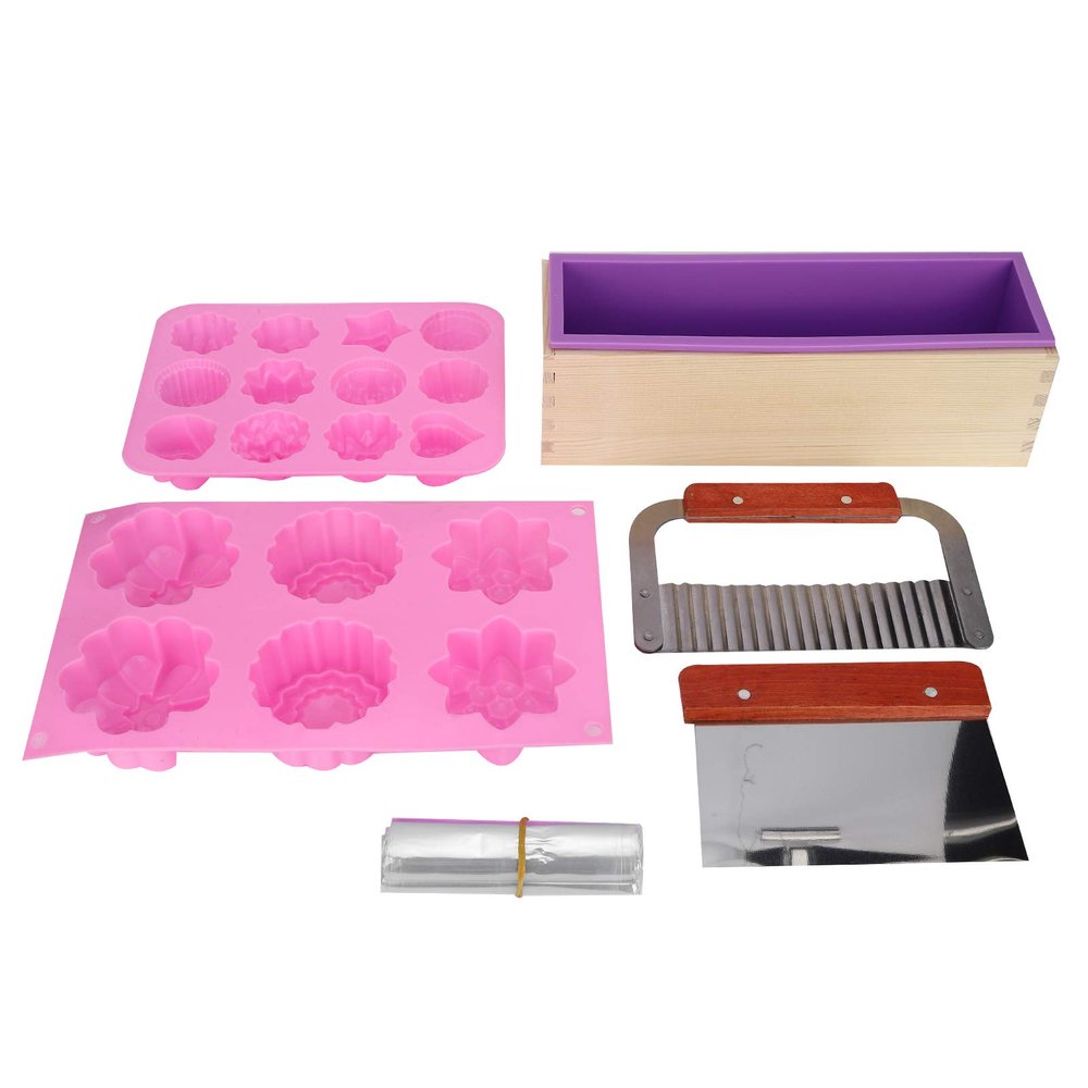 Soap Molds for Soap Making, DIY Silicone Hand Made Soap Molds Set, Soap Making Molds Wood Box Wavy Straight Cutter Molds Heat Shrinkage Film for DIY Soap Cake Making