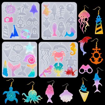 Voyyphixa 37 Pcs Jewelry Molds with Holes - Resin Earring Molds Octopus Lighthouse Jellyfish Silicone Epoxy Mold UV Art Casting Moulds for DIY Ornament Charm Crafts Home Decor