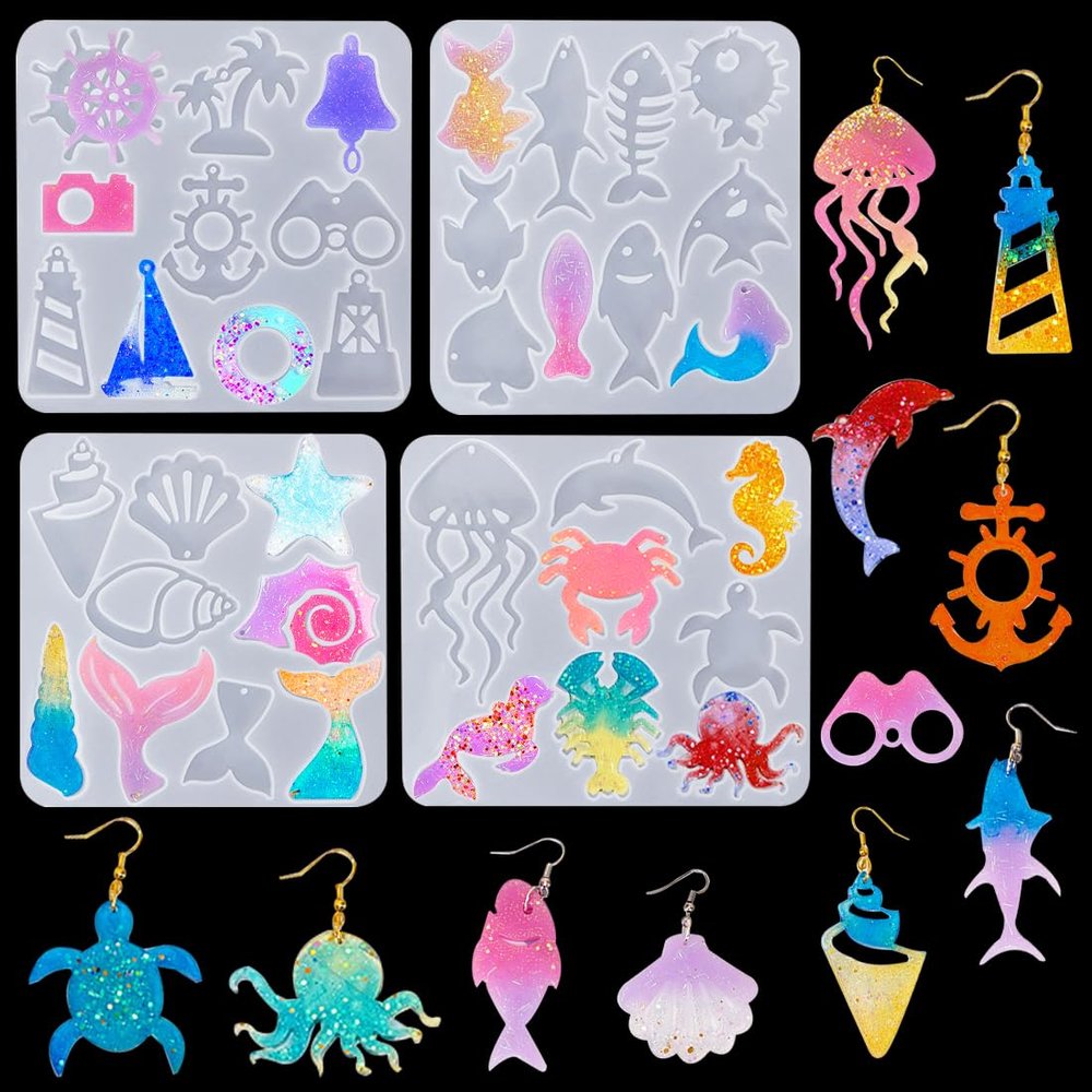 Voyyphixa 37 Pcs Jewelry Molds with Holes - Resin Earring Molds Octopus Lighthouse Jellyfish Silicone Epoxy Mold UV Art Casting Moulds for DIY Ornament Charm Crafts Home Decor