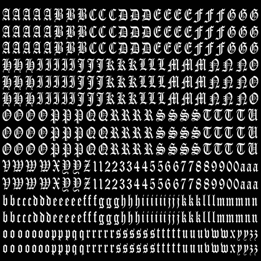 Old English Font Letters 434 pcs 1/4 Inch Tall White Fused Glass Decals