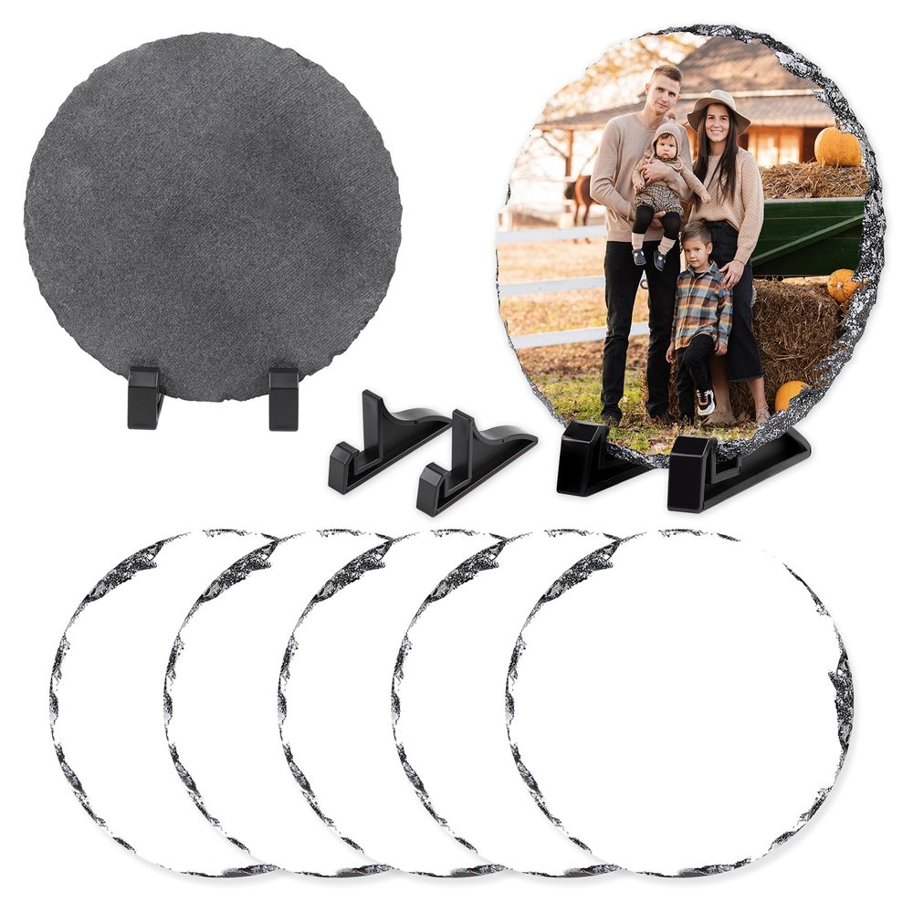 5Pcs Round Sublimation Slate Blanks 5.9X5.9 Inch Picture Frame Heat Transfer Rock Photo Plaque with DIY Custom Stone Slate Display Stand Christmas Decoration for Desktop Souvenir