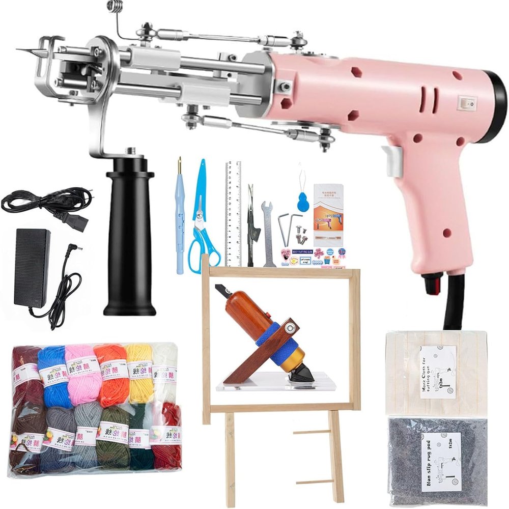SHENJIA Tufting Gun Starter Kit - High-Speed 2 in 1 Cut Loop Pile Rug - Perfect for Beginners - Includes Tuft Rack Carpet Trimmer Cloth Yarn Gadgets(Color:Pink)
