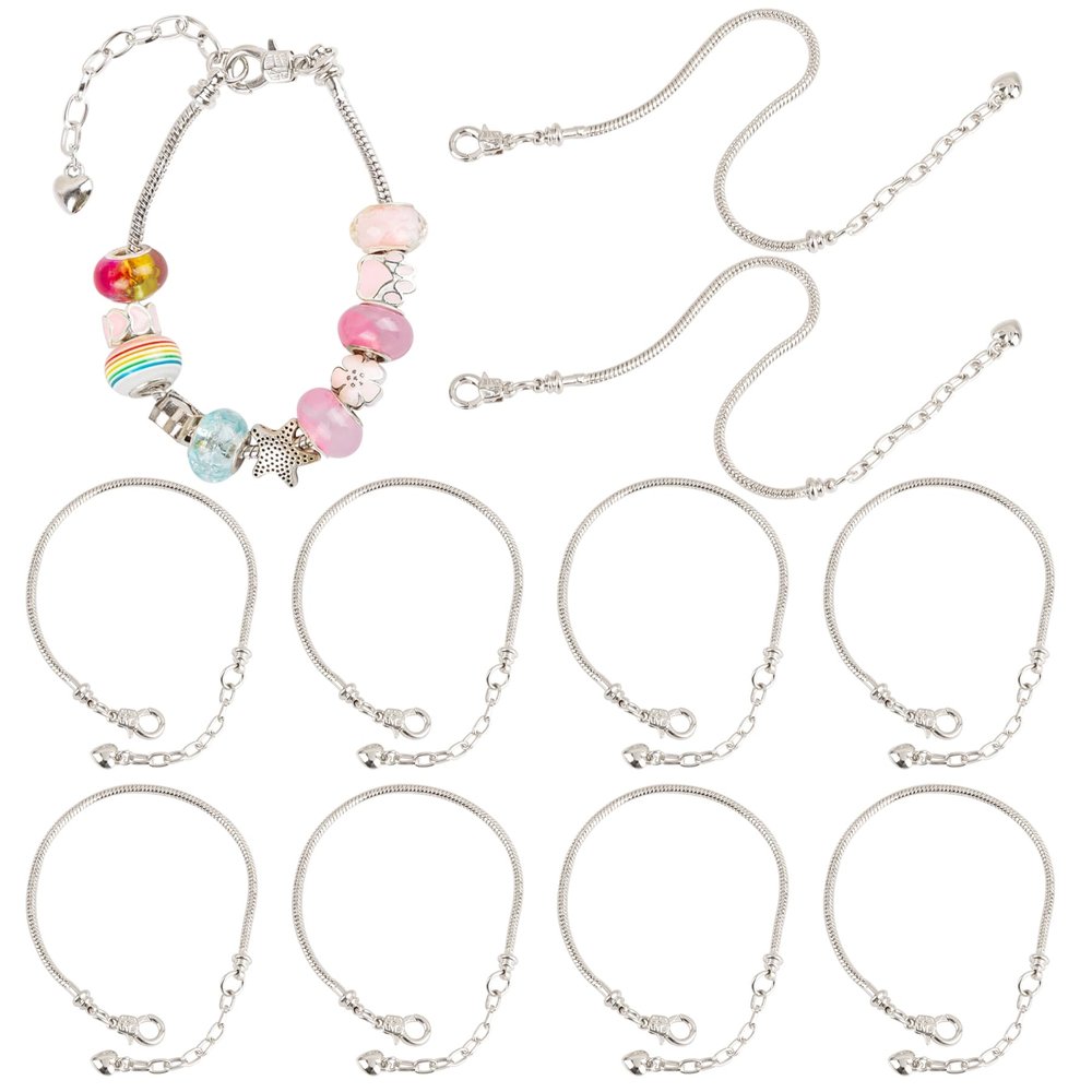 AUEAR, 20 Pack Silver Adjustable Snake Chain Charm Bracelets With Heart Shape Extender For Jewelry Making