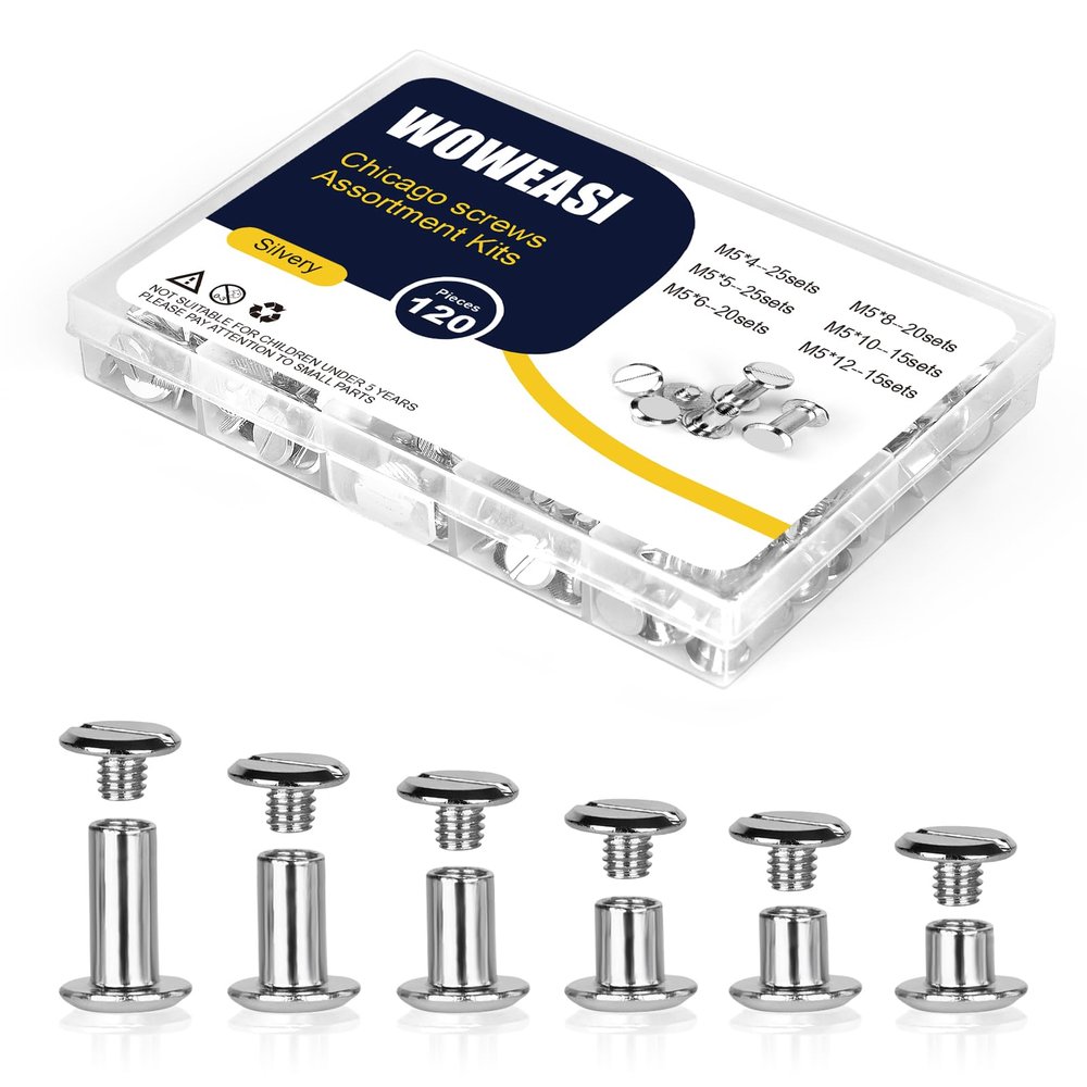120sets Chicago Screws Kit, 6 Sizes Screw Rivets Silver Chicago Binding Screws for DIY Repair Leather Craft Belt Bag Shoes Purse Bookbinding (M5*4,5,6,8,10,12) (Silver)