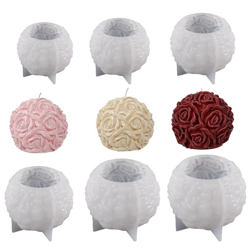 Pack of 6 Rose Ball Candle Mold 3D Flower Ball Silicone Candle Mold Valentines Day DIY Crafts Resin Casting Mold Unique Shape Silicone Mold for Aromatherapy Candle Homemade Soap Chocolate Making