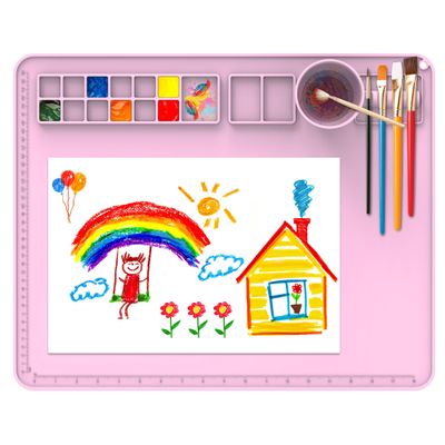 IYYI Silicone Painting Mat, Paint Mat with Cup and Palette, 20"X16" Siliocne Pad for Crafts, Resin, Clay, Kids Art Pad with Raised Edge (Pink)