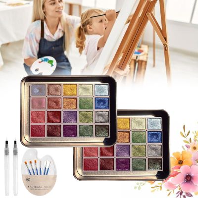 20 Colors Watercolor Painting Set, 20 Colors Solid Watercolor Set, Textured Pearlescent Pigment in Portable Box with Water Color Pallet and Brushes, Ideal for Adults, Kids, Artists (2Pcs-B, Large)