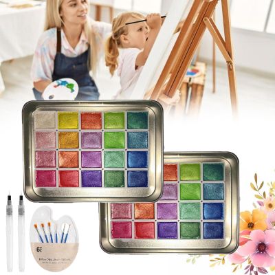 20 Colors Watercolor Painting Set, 20 Colors Solid Watercolor Set, Textured Pearlescent Pigment in Portable Box with Water Color Pallet and Brushes, Ideal for Adults, Kids, Artists (2Pcs-A, Large)