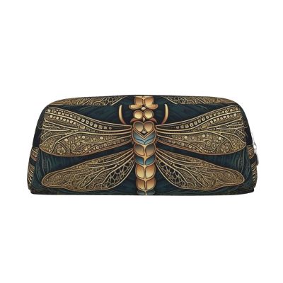 Dwrepo Dragonfly Pencil Bag Portable Leather Pencil Case Travel Makeup Bag Large Capacity Toiletry Bag for Women