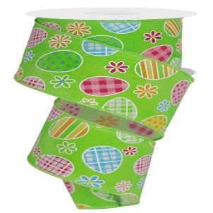 Patterned Easter Eggs & Daisies Wired Edge Ribbon - 2.5" x 10 Yards (Green)