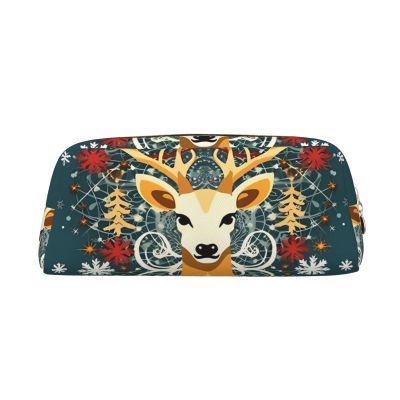Dwrepo Xmas Gift Deer Pencil Bag Portable Leather Pencil Case Travel Makeup Bag Large Capacity Toiletry Bag for Women