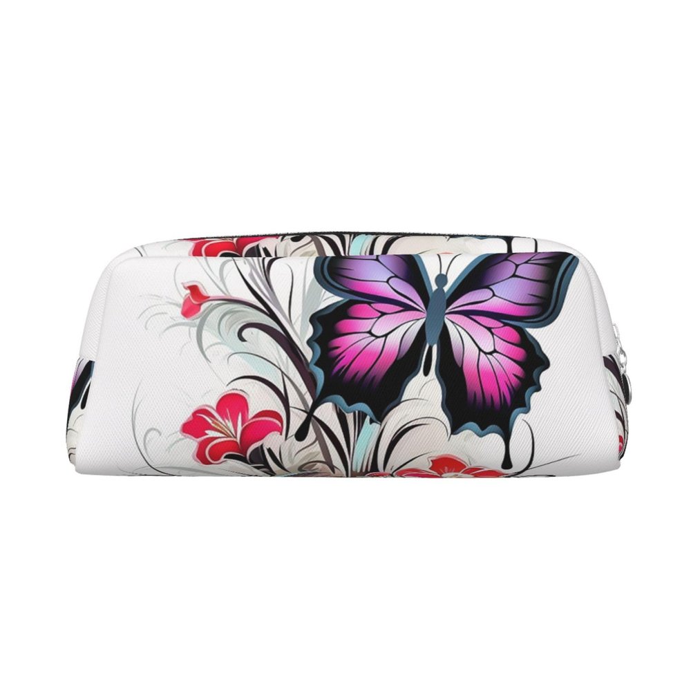 Dwrepo Floral Butterfly Pencil Bag Portable Leather Pencil Case Travel Makeup Bag Large Capacity Toiletry Bag for Women