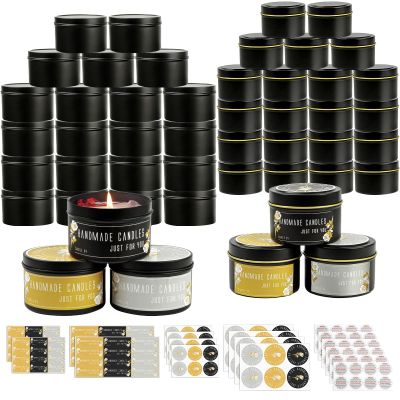 CONNOO 48 Pack Candle Tins - 24pcs 8oz + 24pcs 4oz Matte Black Jars with Lids for Making Candles, Bulk Empty Containers with Sticky Warning Labels for Candle Making, Storage, and Gift