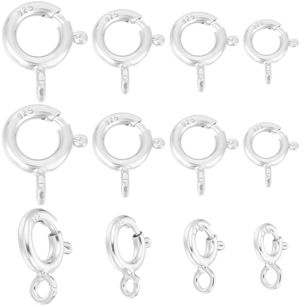 Beebeecraft 12Pcs 4 Sizes Spring Ring Clasps 925 Sterling Silver Round Jewelry Clasps with Plastic Box for DIY Jewelry Making