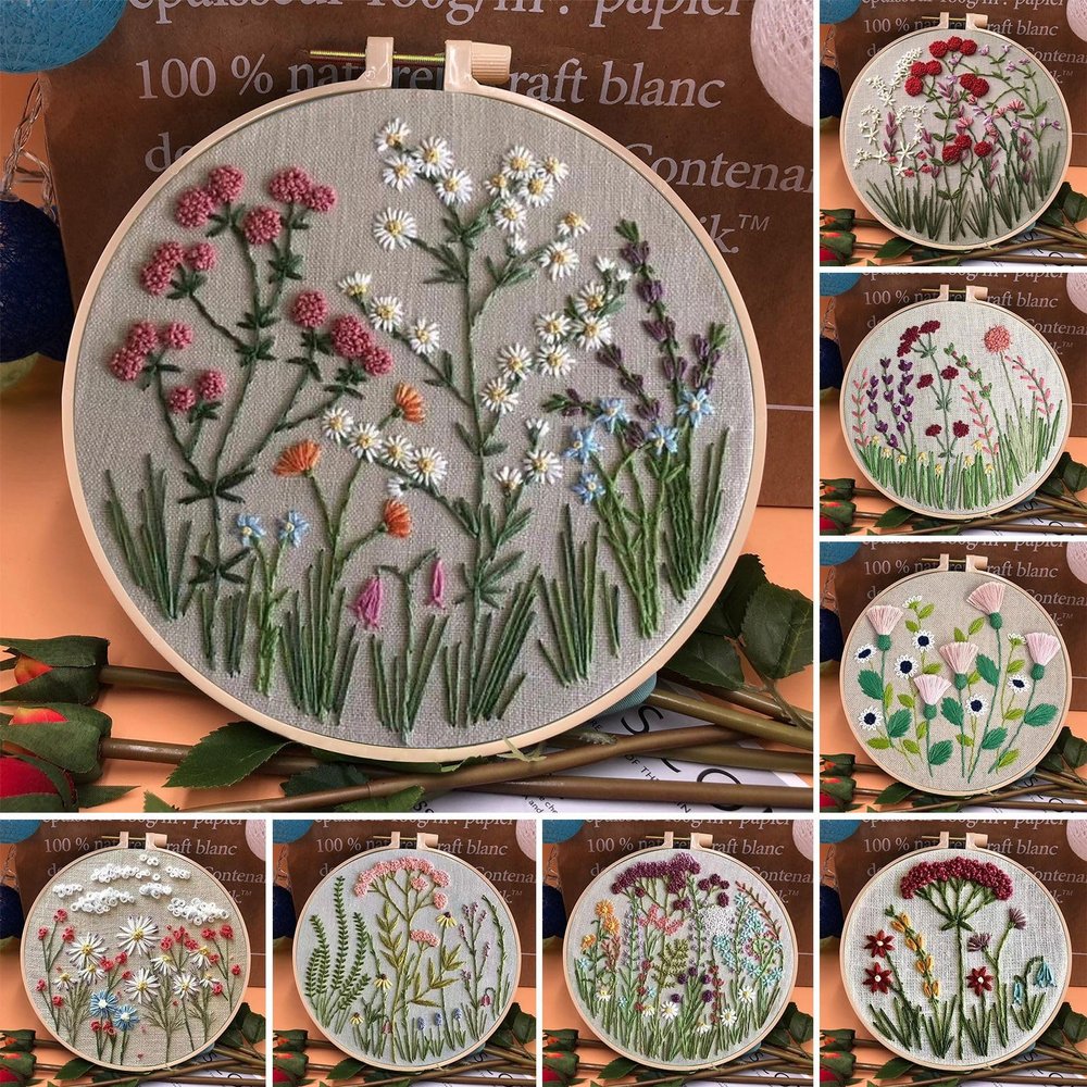 ARTopet 8Pcs DIY Embroidery Kit for Beginners Cross Stitch Kits Hand Embroidery Plant Patterns Embroidery Thread Kit for Craft Lover Hand Stitch with Embroidery Fabric