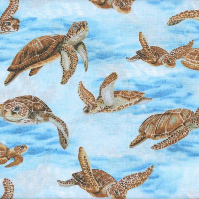 Turtles in The Ocean Blue 100% Cotton Fabric Designed by Lisa Marie Sparling Sold by The Yard Henry G