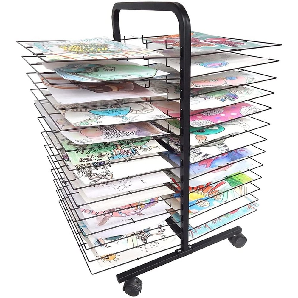 THEGA Art Drying Rack for Classroom - Sided Wire Drying Shelf, 26-Layer Back to Back Double Sided Removable Shelves, Sturdy Paint Drying Rack with Lockable Wheels, Space Saving Rack