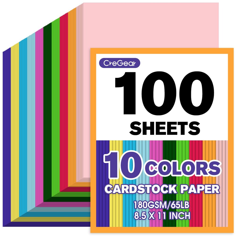 CreGear 100 Sheets Colored Cardstock Paper 8.5 x 11, 10 Colors Card Stock