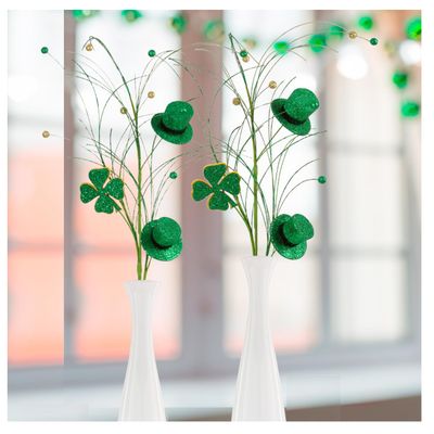 Pack of 2 Saint Patrick's Day Glitter Shamrock Leprechaun Hat Stems - Green Sparkle St. Paddy's Day Decoration for Irish Floral Arrangements and Decorations (37 Inches High)