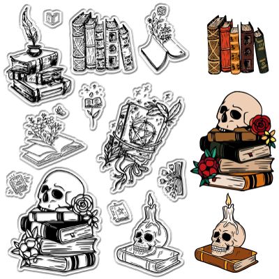 CRASPIRE Book Clear Stamps Skull Grimoire Rose Candle Reusable Postmark Transparent Silicone Stamp Seals for Journaling Card Making Decor DIY Scrapbooking Supplies Album Decoration