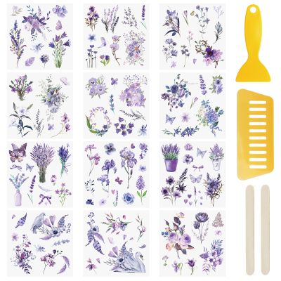 WANDIC 12 Sheets Rub On Transfer Stickers Purple Flower Decals Waterproof Decals for Journal Album, Furniture, Craft, DIY Scrapbooking