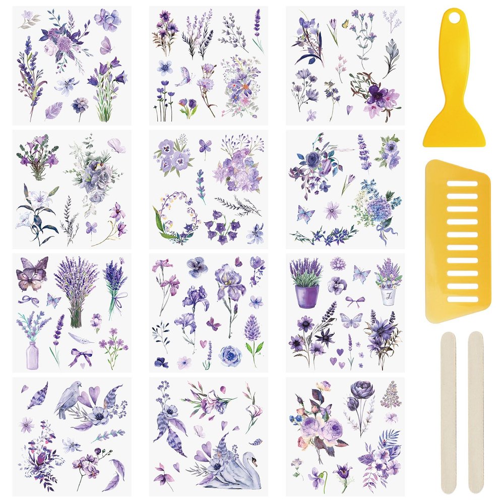 WANDIC 12 Sheets Rub On Transfer Stickers Purple Flower Decals Waterproof Decals for Journal Album, Furniture, Craft, DIY Scrapbooking