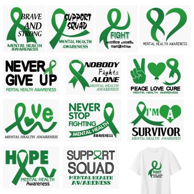 WANDIC 12 Pcs Green Ribbon Iron On Stickers Waterproof Decals Liver Cancer Mental Health and Environmental Protection Awareness Stickers for Clothing