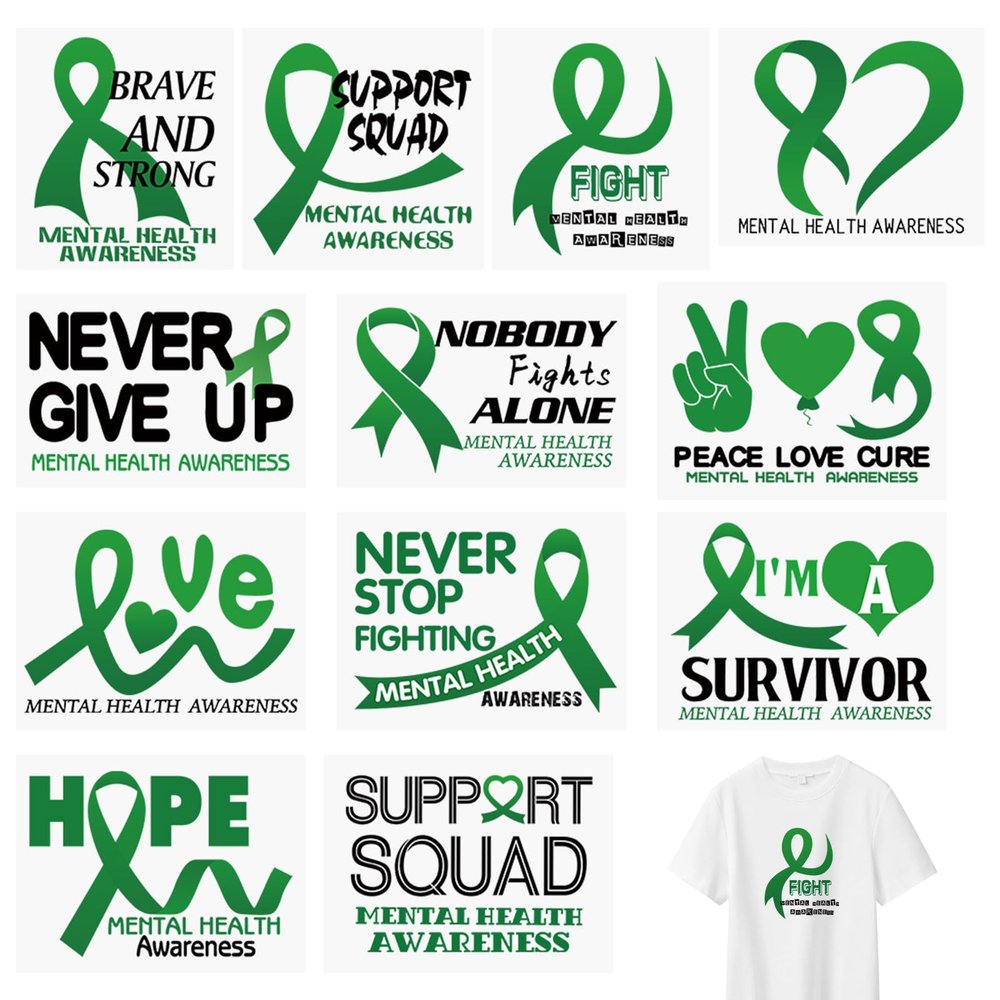 WANDIC 12 Pcs Green Ribbon Iron On Stickers Waterproof Decals Liver Cancer Mental Health and Environmental Protection Awareness Stickers for Clothing