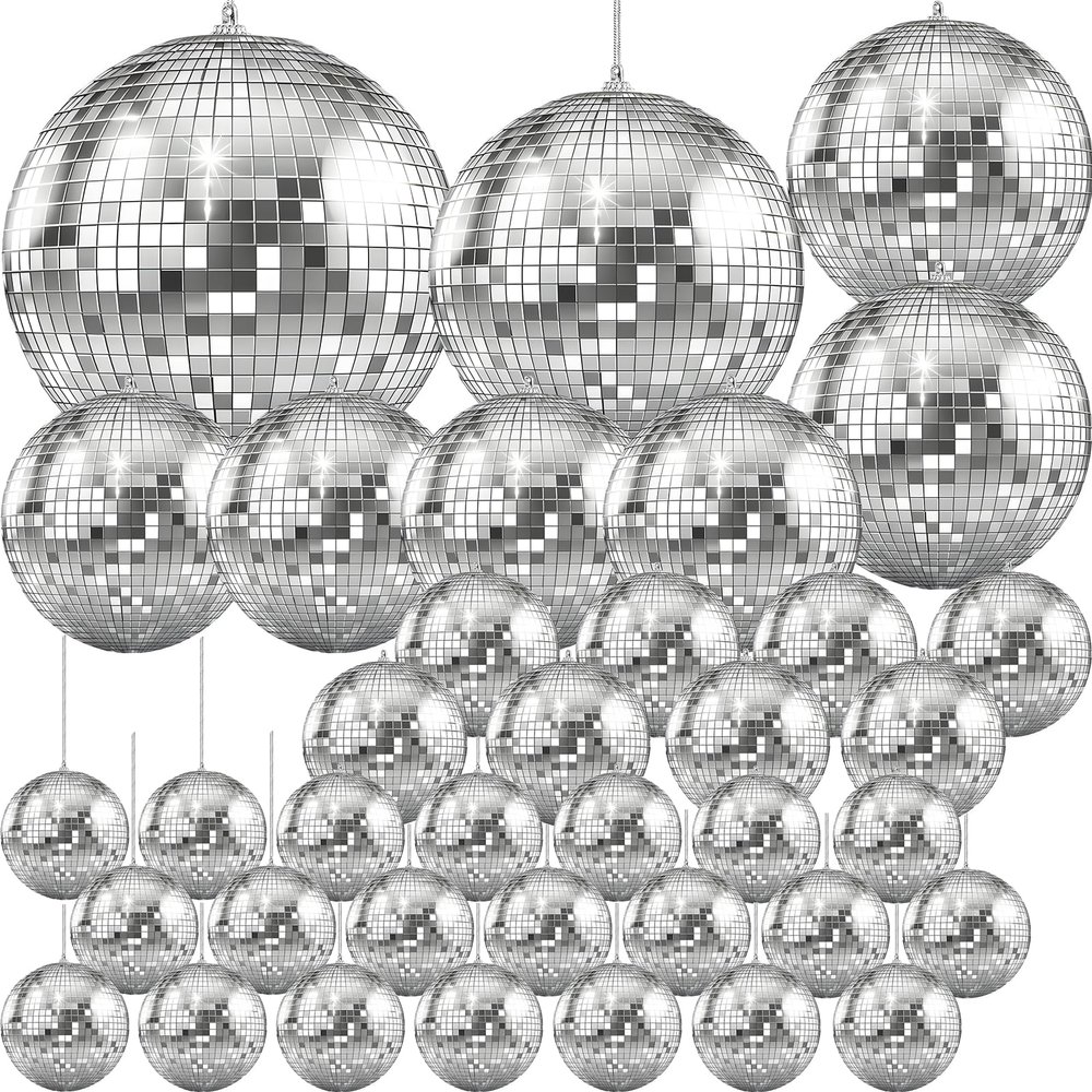 The Dreidel Company Mirror Disco Ball 36-Pack Variety, Silver Hanging Ball with Attached String for Ring, Reflects Light, Fun Party Home Bands Decorations, Party Favor (72-Pack Variety)