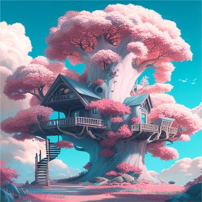 DIY Diamond Painting Kits for Adults - Pink Large Tree House 5D Art Round Diamond Cross Stitch Kits for Home Decor and Gifts - 30X40CM