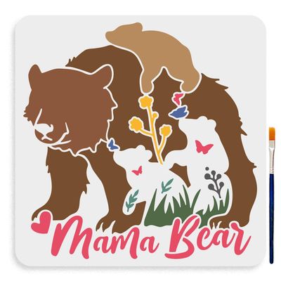 MAYJOYDIY Momma Bear and Cub Stencil 11.811.8inch Mama Bear Drawing Stencils with Painting Brush Forest Wildlife Animal Stencils for Mother's Day Wood Canvas Paper Fabric Wall Decorations Crafts