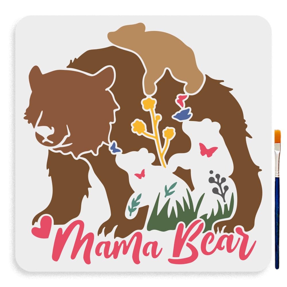 MAYJOYDIY Momma Bear and Cub Stencil 11.811.8inch Mama Bear Drawing Stencils with Painting Brush Forest Wildlife Animal Stencils for Mother's Day Wood Canvas Paper Fabric Wall Decorations Crafts