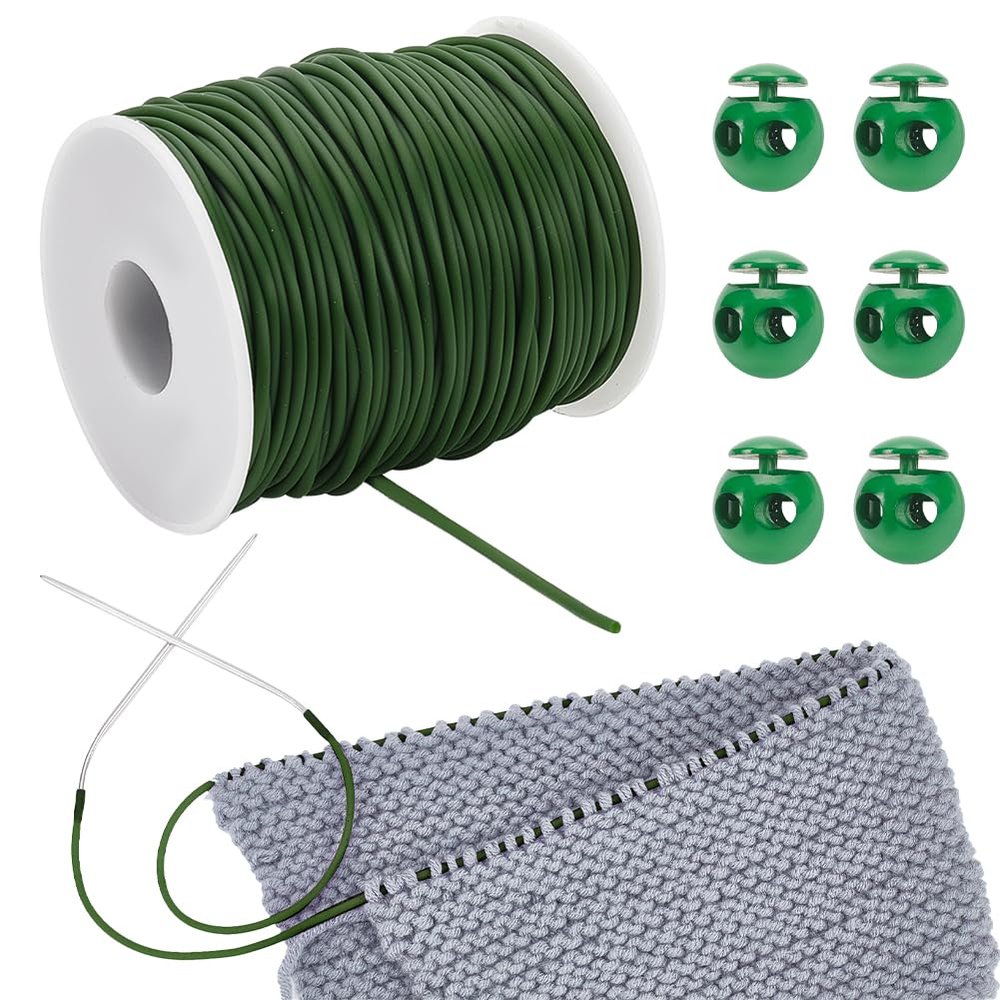 NBEADS 55 Yards Stitch Keeping Cords, 2mm Hollow Rubber Tubing Knitting Barber Cord Stitch Keeper with 6 Pcs 0.22 Inch Hole Cord Locks for Holding Stitches Bracelet Necklace Beading, Dark Olive Green